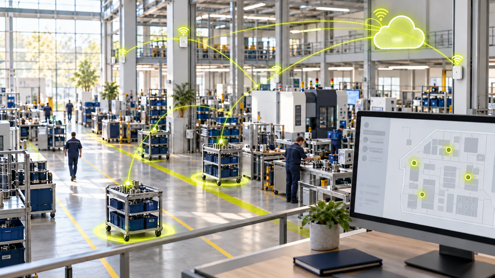 A factory floor running Ubudu RTLS: tagged carts and machines tracked live on a floor plan shown on a monitor, connected to the cloud.