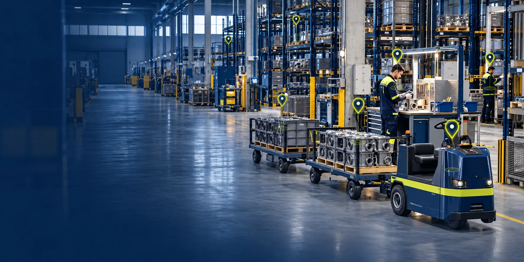 A factory floor: a tow tractor pulls carts of parts past racking and operators, with Ubudu RTLS location markers above the tagged items