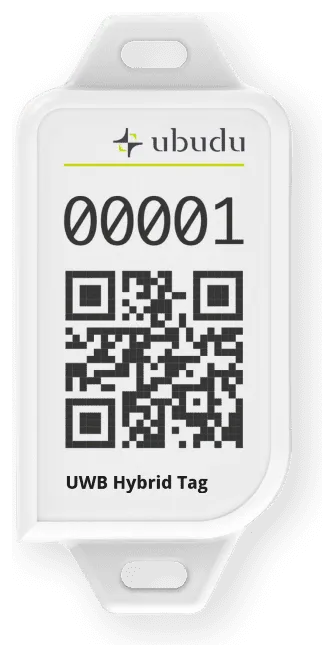 An Ubudu Hybrid Tag 4.0: a white lanyard tag with the Ubudu logo, a serial number and a QR code