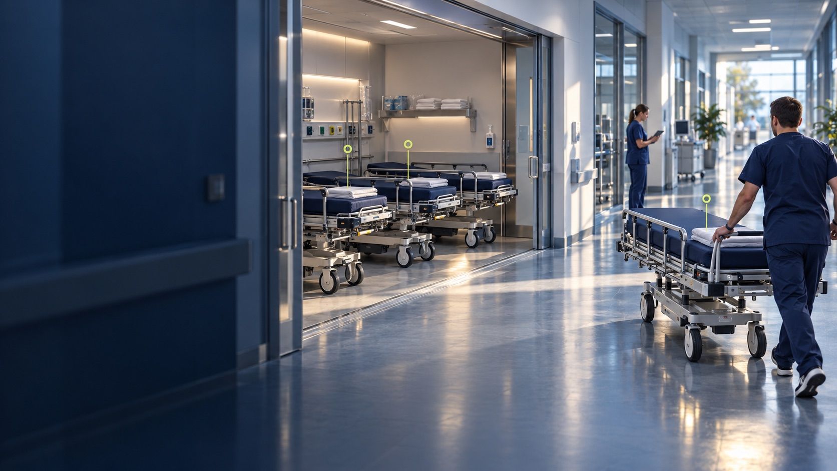 A hospital corridor with medical equipment