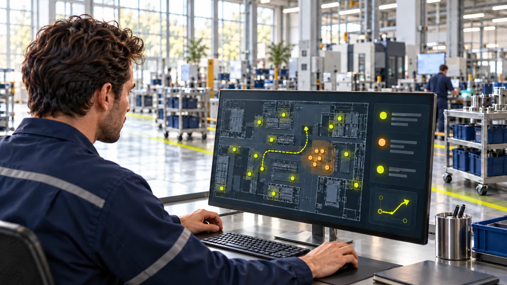 An operator reviewing the Ubudu Spatial AI dashboard, where agents highlight assets and flows on a live factory floor plan.