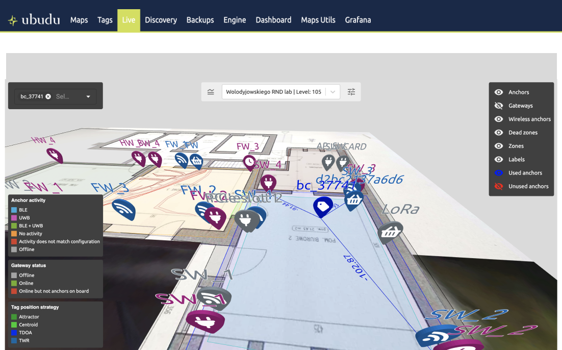 Live view in the Ubudu RTLS software: tags, anchors and gateways positioned on a 3D floor plan, with the anchor-activity legend
